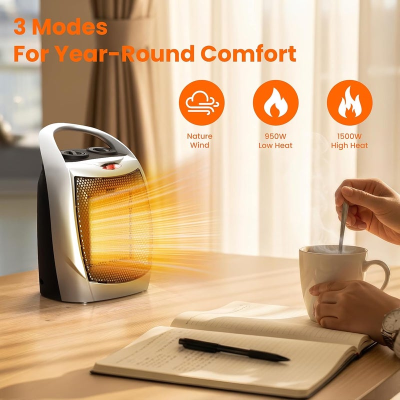 ZAFRO 1500W Portable Ceramic Space Heater for Indoor Use, 3 Modes Thermostat Adjustable, Tip-Over & Overheat Protection, Quiet Personal Heater (<45dB) for Office Desk Bedroom,(Silver) - Image 2